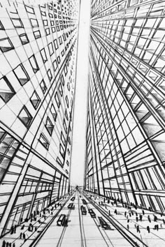 a drawing of two tall buildings with people walking through them