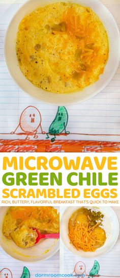 microwave green chile scrambled eggs in a white bowl on top of a paper with writing