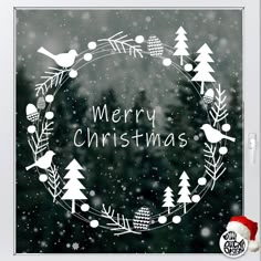 a merry christmas card with trees and birds in a wreath on a frosty background