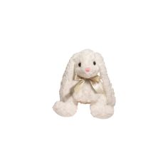 a white stuffed animal with a bow on it's head and ears, sitting in front of a white background