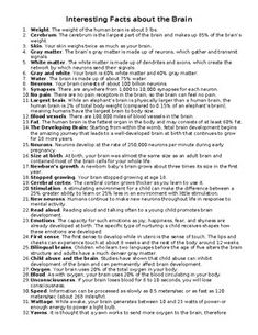 Psychology: Activity 82 Facts about the Brain is a sub plan designed to provide students with interesting and educational information about the brain. This activity can serve as a review or enrichment exercise, aiming to enhance students' understanding of brain anatomy, functions, and cognitive proc... Facts About The Brain, Human Brain Facts, Brain Anatomy And Function, Psychic Development Learning, Critical Thinking Activities, Psychological Facts Interesting, Brain Activity, Brain Facts, Sub Plan