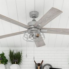 a ceiling fan in a white room with plants on the wall and potted plants