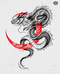 a drawing of a dragon with red and black ink on it's body,