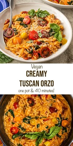 two bowls of creamy tuscan orzo with spinach, tomatoes and other vegetables