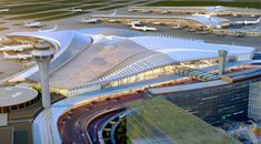 an aerial view of the airport and surrounding buildings