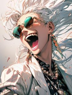 an anime character with white hair and sunglasses