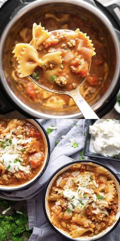 three different bowls filled with pasta and meat soup, one is being spooned out