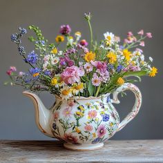 a tea pot filled with colorful flowers on top of a wooden table next to a gray wall