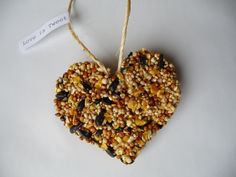 a heart shaped bird seed ornament hanging from a string