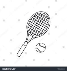 a tennis racket and ball on a white background, black and white image with clipping