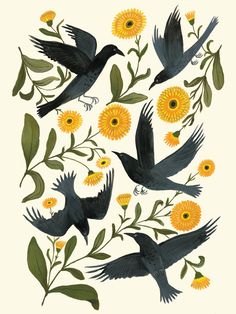 four black birds flying over yellow flowers and leaves