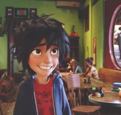 an animated character standing in front of a table