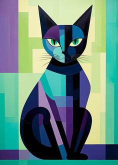 Abstract geometric cat illustration with varying shades of purples, blues, and greens against a pastel background, ideal for children's room decoration. Modern Cubist Art, Modern Cat Art, Cubist Paintings, Geometric Cat, Cat Art Illustration, Cat Poster, Cat Artwork, Geometric Art Prints, Geometric Animals