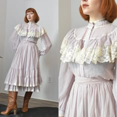 Vintage 1970s Dress / 70s Gunne Sax Two Piece Set / Lilac Purple ( XS S ) ~T H E R U N D O W N~ Modern Size: XS/S Materials: 65% polyester, 35% cotton Condition: Excellent vintage condition Brand:  Gunne Sax | Jessica's Gunnies San Fransisco ~F U L L D E T A I L S~ Gorgeous 70s Gunne Sax two piece blouse and skirt set done in a sweet light lilac cotton with cream lace trim. Top has a mock neckline, button front, lace-trim ruffled bodice, puff shoulders, and button cuffs. Skirt has a high banded Gunny Sax Dresses, 70s Pastel Fashion, 70s Victorian Revival, Gunne Sax Blouse, Gunnie Sax Dress, Gunne Sax Dress 80s, Gunne Sax Dress Vintage 70s, Gunne Sax Dress Pattern, Purple Sundress