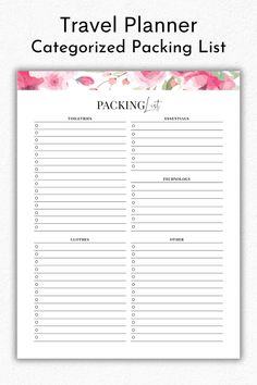 a travel planner with pink flowers on it and the words,'packing list '