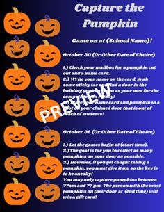 a poster with pumpkins on it and the words, capture the pumpkin game at school name