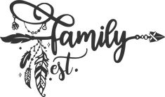 the word family fest written in cursive writing with an arrow and feathers on it