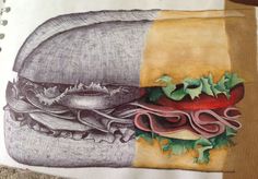 a drawing of a sandwich with lettuce, tomato and meat on it next to a spiral notebook