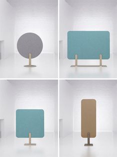 four different images of an empty room with various colored panels on each side and a round object in the middle