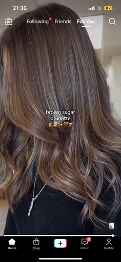 Brown Sugar Balayage, Brown Sugar Brunette Hair, Light Brown Summer Hair, Brown Sugar Hair Color, Brown Sugar Brunette, Brown Hair With Dimension, Latte Brunette, Brown Sugar Hair, Cool Brunette