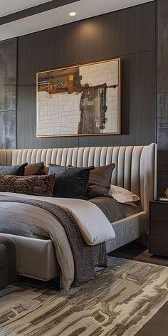 A cozy bedroom sanctuary is enhanced with decorative pillows, bedroom mirrors, and designer furniture, elevating it to a luxurious retreat. Grey Contemporary Bedroom, Glam Hotel Bedroom, Lifestyledco Bedroom, Transitional Style Bedroom Inspiration, Luxury Bedroom Hotel Master Suite, Luxury Hotel Decor, Vant Panels Bedroom Ideas, Hotel Aesthetic Bedroom, Modern Hacienda Bedroom