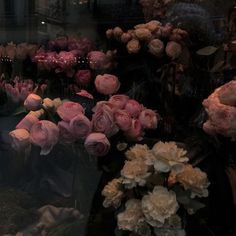 many pink flowers are displayed in a glass case with lights behind them and on the ground