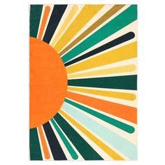 an orange and green rug with sunbursts in the middle on white background