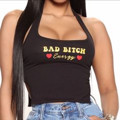 ~ Black ~ Halter Top ~ Sleeveless ~ "Bad Bitch Energy" Phrase ~ Cropped ~ Stretch ~ 95% Cotton 5% Spandex ~ Size Xs - ( S Available In Separate Listings) Tags Office, Spring, Work, School, Casual, Dress Up, Trendy, New, Layering, Classy, Elegant, Cozy, Fashionable, Flattering, New Graphic Tee, Black, Sale, Long, Short, Crop, Tank, Boho, Emo, Festival, Y2k 90's 80's, Puff Sleeve Blouse, Vintage Flannel, Vintage, Corset, Tops, Tees, T-Shirt, Button Down, Short Sleeve, Long Sleeve, Tunic, Luxury, B Casual Crop Top With Graphic Print For Club, Fitted Sleeveless Crop Top For Streetwear, Y2k Black Racerback Tank Top, Y2k Black Racerback Top, Summer Club Top With Racerback, Summer Club Tops With Racerback, Trendy Club Tank Tops, Trendy Tank Tops For Club, Summer Club Racerback Top