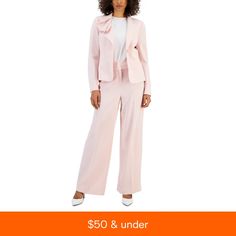 in stock Elegant Pink Suit For Fall, Spring Ruffled Blazer For Work, Spring Blazer With Ruffles For Workwear, Spring Workwear Blazer With Ruffles, Tailored Pink Sets For Fall, Tailored Pink Suit For Fall, Tailored Pink Suits For Fall, Elegant Pink Pantsuit For Spring, Feminine Spring Workwear Sets