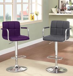 two purple and grey barstools in front of a window