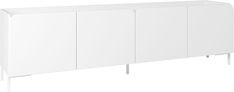 a white cabinet with three doors and two legs on each side, against a white background