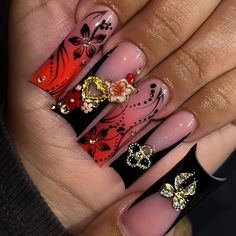 24pc Long Ballet Fake Nails French Rhinestones Coffin Bow Press on Nails Gradient Red Flower False Red And Black Nail, Black French Tip, Red And Gold Nails, Gold Acrylic Nails, Special Nails, Black Acrylic Nails, Nails Set, Acrylic Nails Coffin Pink, Black Nail Designs