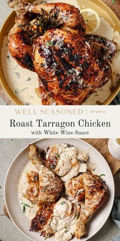 roast tarragn chicken with white wine sauce on a plate and the title well seasoned