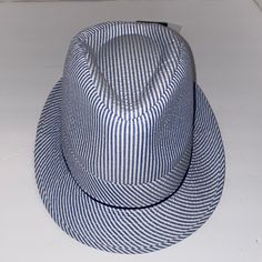 Pamoa Hat, Blue And White, Side L/Xl, Seersucker With Tags, Never Worn, Good Condition Adjustable Blue Fedora For Spring, Casual Blue Fedora With Wide Brim, Casual Blue Wide Brim Fedora, Blue Adjustable Summer Fedora, Adjustable Blue Summer Fedora, Casual Adjustable Blue Fedora, Casual Blue Fedora With Short Brim, Blue Casual Straw Hat For Summer, Casual Blue Fedora Hat