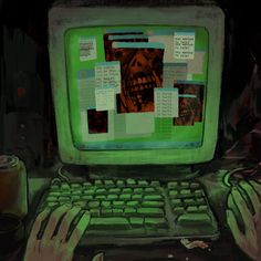 an old computer with sticky notes attached to it's screen and hands on the keyboard