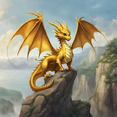 a golden dragon sitting on top of a cliff