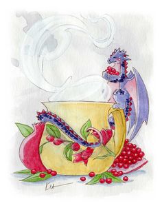 a watercolor drawing of a dragon sitting in a cup with berries on the side