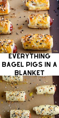 everything bagel pigs in a blanket on a baking sheet with text overlay that reads everything bagel pigs in a blanket