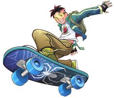 a young man riding on top of a skateboard next to another person in the air