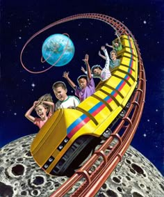 the roller coaster is being pulled by children on it's side with an earth in the background