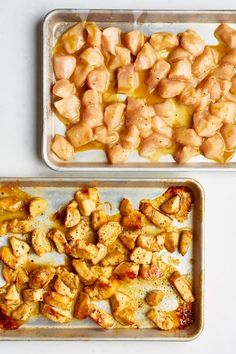 two pans filled with food sitting on top of a white counter next to each other