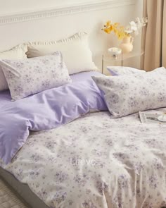 Lavender Dreams Breathable Floral 100% Cotton Duvet Cover Set Purple Bed Comforters, Cute Purple Bedding, Cozy Lavender Bedroom, Bedroom With Purple Accents, Lilac Room Decor, Purple Floral Bedding, Lavender Room Aesthetic, Bedding Closet, Purple Dorm Rooms