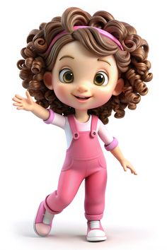 a cartoon girl with curly hair and pink overalls is standing in front of the camera