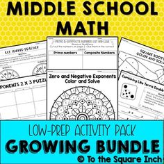 Middle School Math Activity Pack BundleThis low prep math activity pack offers a wide variety of middle school math games and activities including math mazes, centers, color by numbers, dice activities and so much more.  Covering 24 different middle school math subjects, this set will keep your classroom fun!This bundle currently includes 24 sets of middle school math low prep activity pack.  Subjects included in the bundle:Finding LCMFinding GCFEquivalent RatiosPrime FactorizationWriting Algebr Middle School Math Games, Dice Activities, Math Maze, Maths Activities Middle School, Positive Numbers, Combining Like Terms, Like Terms, Solving Equations, Math Activity