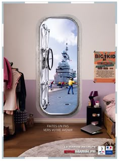 a magazine cover with a large mirror in the shape of a ship on it's wall