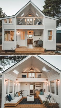 two pictures of a house with white siding and wood flooring, one is open to the