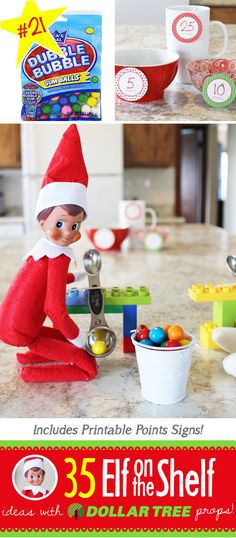 an elf is sitting on the counter next to some candy