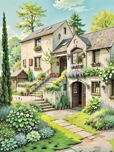 a painting of a house with lots of flowers and plants on the front yard,