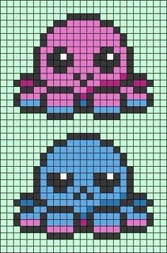 an image of a pixellated stitching pattern with a pink and blue bird on it