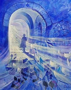 a painting of a man walking through a tunnel